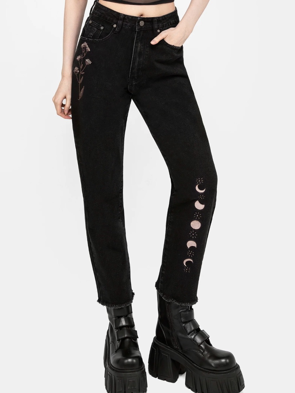 NWOT Disturbia Griffinfly Embroidered Distressed Denim Mom Jeans, 30” Waist
